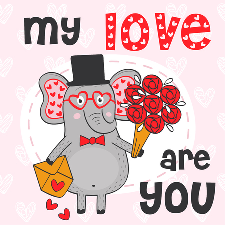 valentine elephant with bouquet of flowers and envelope - vector illustration, epsのイラスト素材