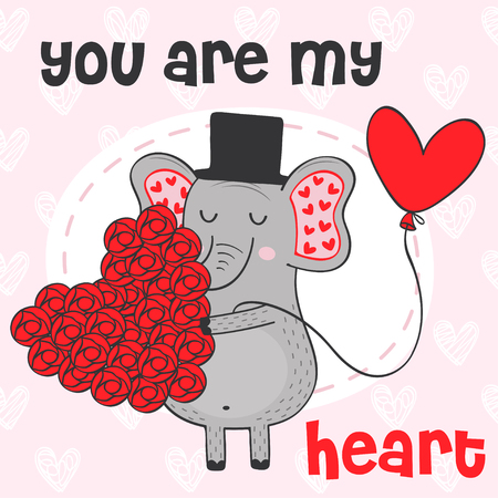 Valentine elephant with heart of flowers - vector illustration, epsのイラスト素材