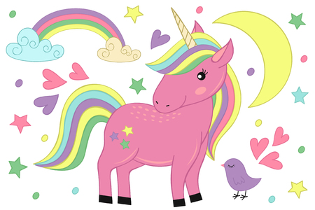 Magic unicorn and bird - vector illustration.のイラスト素材