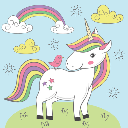Unicorn and bird on the meadow - vector illustration.のイラスト素材