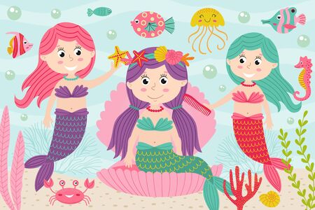 Mermaids comb and decorate their hair underwater - vector illustration.のイラスト素材
