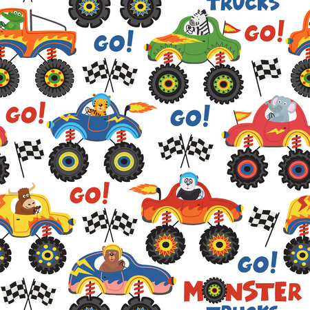 seamless pattern monster trucks with animals on white background - vector illustration, epsのイラスト素材