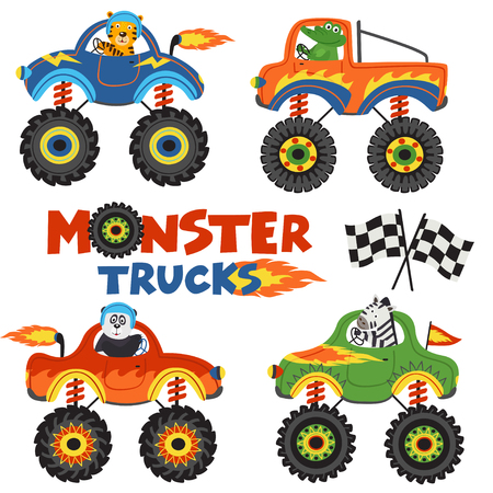 set of isolated monster trucks with animals part 1 - vector illustration, epsのイラスト素材