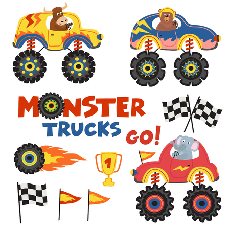 set of isolated monster trucks with animals part 2 - vector illustration, epsのイラスト素材