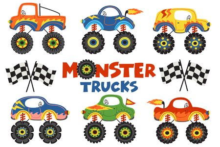 set of isolated monster trucks - vector illustration, epsのイラスト素材