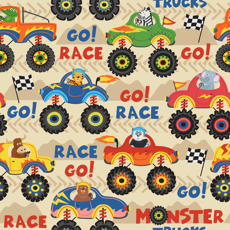 seamless pattern monster trucks with animals on races - vector illustration, epsのイラスト素材
