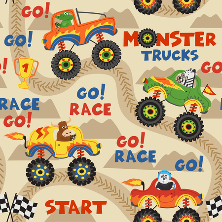 seamless pattern monster trucks with animals on race track - vector illustration, epsのイラスト素材