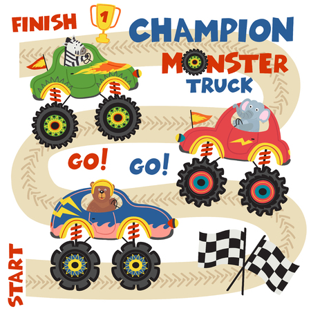 monster trucks with animals on race track - vector illustration, epsのイラスト素材