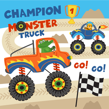 monster trucks with animals on races- vector illustration, epsのイラスト素材