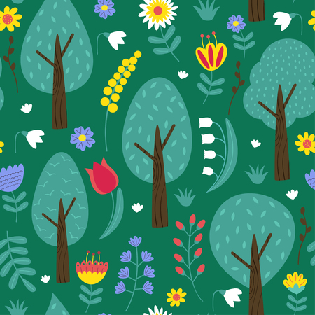 Pattern with trees and flowers vector illustrationのイラスト素材