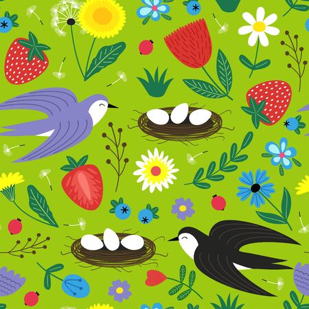 Seamless pattern with bird and nest - vector illustration.のイラスト素材