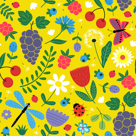 seamless flowers pattern with berries and insect - vector illustration, epsのイラスト素材