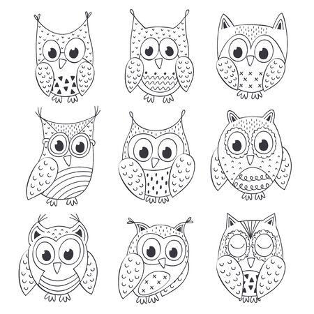 set of isolated funny owls black and white - vector illustration, epsのイラスト素材