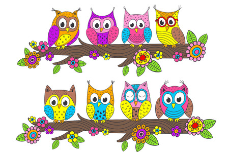 funny owls on branch - vector illustration, epsのイラスト素材