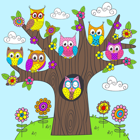 funny owls on the tree - vector illustration, epsのイラスト素材