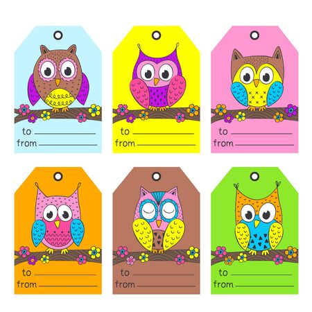 set of tags with funny owls- vector illustration, epsのイラスト素材