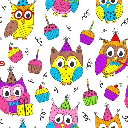 Happy Birthday seamless pattern with funny owls - vector illustration, epsのイラスト素材