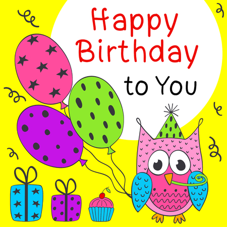 Happy Birthday card with funny owl- vector illustration, epsのイラスト素材