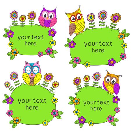 set of isolated frames with funny owls - vector illustration, epsのイラスト素材