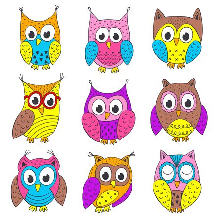 set of isolated funny owls in color - vector illustration, epsのイラスト素材