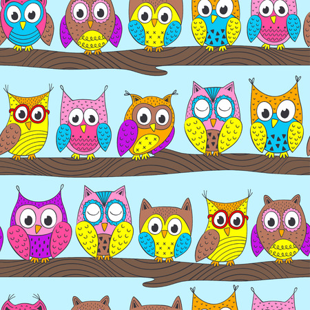 Seamless pattern with funny owls on branch in color - vector illustration, epsのイラスト素材