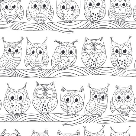seamless pattern with funny owls on branch black and white - vector illustration, epsのイラスト素材