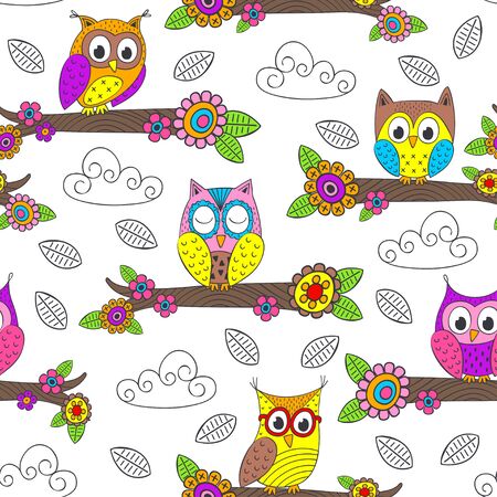 Seamless pattern with funny owls on branches.のイラスト素材
