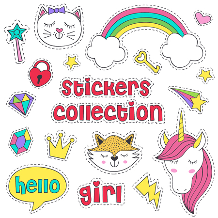 set of isolated stickers for girl - vector illustration.のイラスト素材