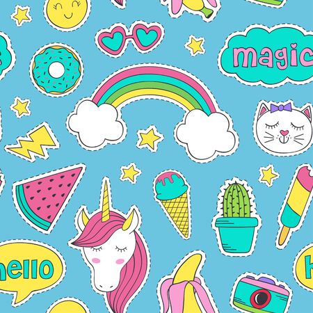seamless pattern with funny stickers - vector illustration.のイラスト素材