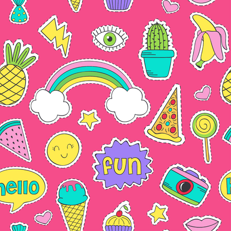 seamless pattern with funny stickers - vector illustration.のイラスト素材