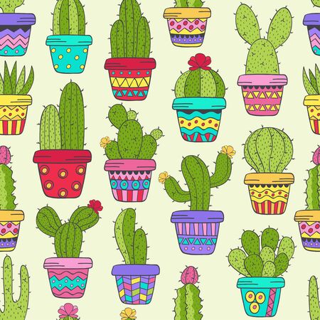 seamless pattern with cactus in pots - vector illustration, epsのイラスト素材