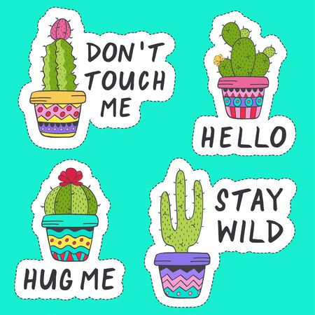 set of isolated stickers with cactus - vector illustration, epsのイラスト素材