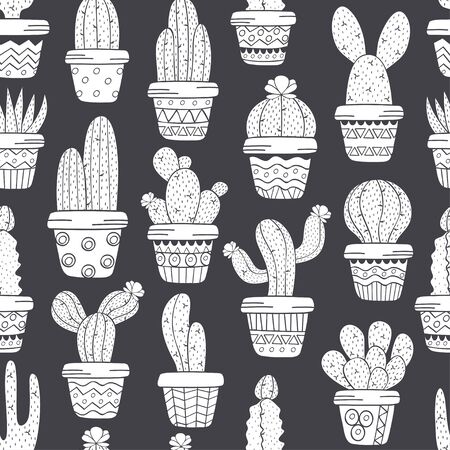 seamless pattern with cactus in pots black and white - vector illustration, epsのイラスト素材