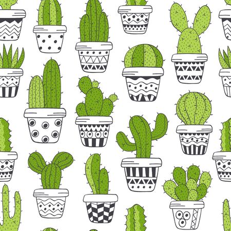 seamless pattern with green cactus in pots black and white - vector illustration.のイラスト素材