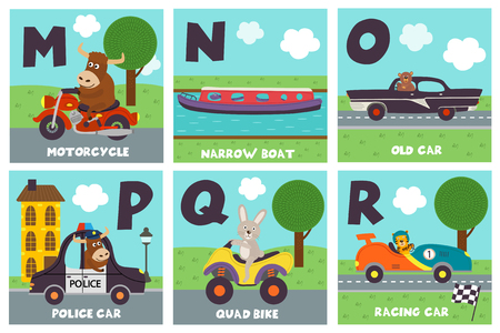alphabet card with transport and animals M to R - vector illustration, epsのイラスト素材