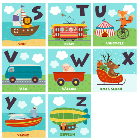 alphabet card with transport and animals S to Z - vector illustration, eps-vector illustration, epsのイラスト素材