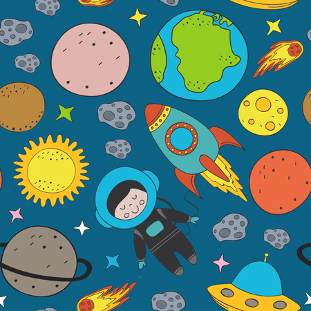Seamless pattern with boy astronaut in space vector illustration.のイラスト素材