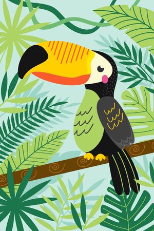 Toucan on branch among tropical plants vector illustration.のイラスト素材