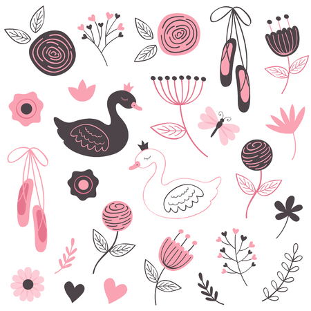 Set of isolated beautiful flowers and swans vector illustration.のイラスト素材