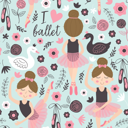 Seamless pattern blue with cute ballerina girl - vector illustration.のイラスト素材