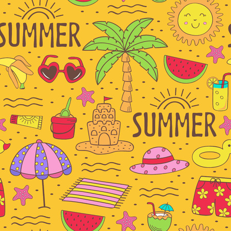 seamless pattern with summer icons on the beach - vector illustrationのイラスト素材