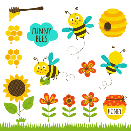 set of isolated funny bees and icons - vector illustration, epsのイラスト素材