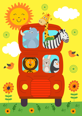 funny London Bus with animals view front - vector illustration, epsのイラスト素材