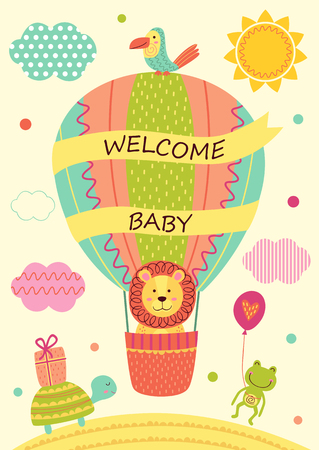 card with lion on air balloon and other animals - vector illustration, epsのイラスト素材