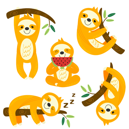 set of isolated funny sloths - vector illustrationのイラスト素材
