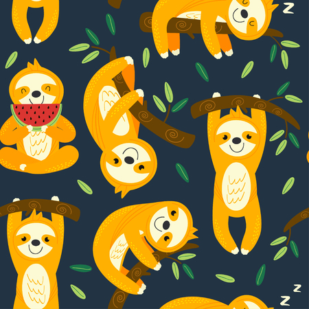 seamless pattern with funny sloths - vector illustrationのイラスト素材