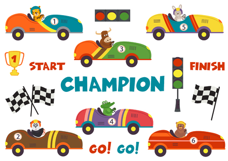 set of isolated classic old race car with animals - vector illustration, epsのイラスト素材
