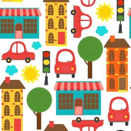 seamless pattern with houses and cars - vector illustration, epsのイラスト素材