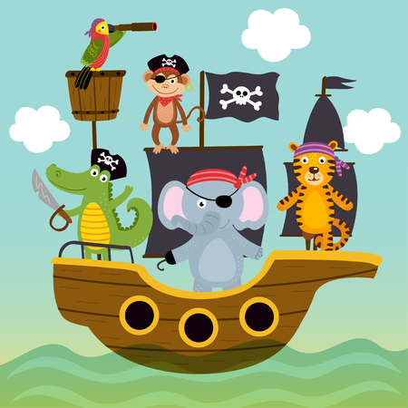 ship with pirates animals is swimming on the seaのイラスト素材