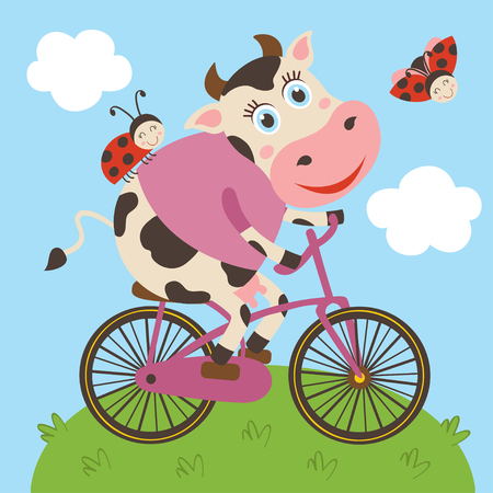 cute cow and ladybug rides bicycleのイラスト素材